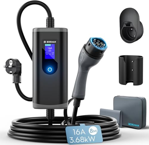 bokman colonnina ricarica auto elettrica [3,68kW| 8m] Corrente regolabile 6-16A Wallbox Tipo 2 con Schuko, compatibile con E-208, Zoe, Spring, 500e, modello 3&Y e altri BEV