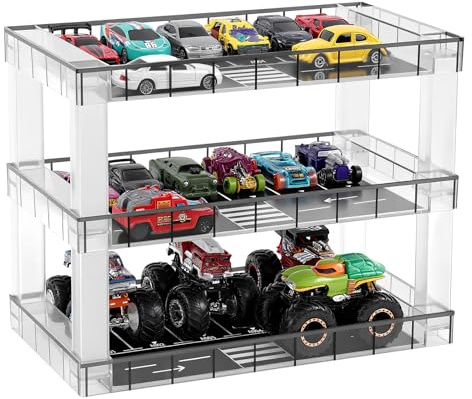 Display Case for Hot Wheels & Matchbox Cars,1/64 Scale Diecast Toy Car Storage,Parking Garage Diorama - Freestanding Storage with 3 Levels 18 Spots