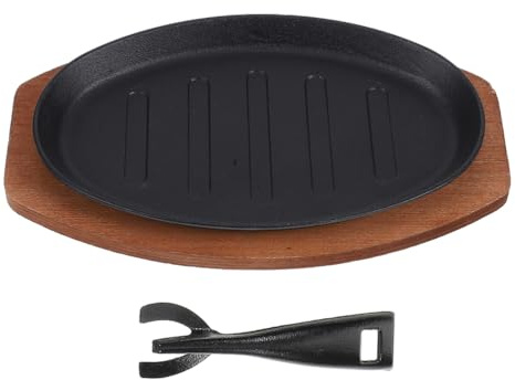 Cabilock 1 ensemble de plaques de cuisson en fonte : assiette à steak avec base en bois pour bœuf, fruits de mer, légumes – plat de service pour fajitas Teppanyaki