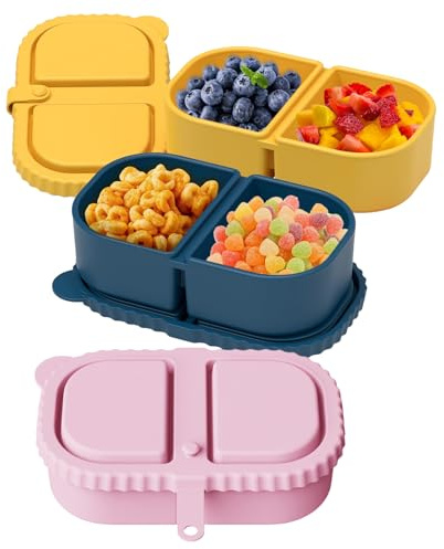 GlamRays Set da 3 contenitori riutilizzabili per Snack in Silicone con Coperchio, Mini contenitori per Alimenti a 2 Scomparti, portavivande Portatile per Picnic, Scuola e