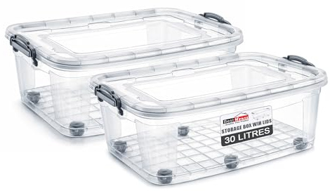 BH | Plastic Storage Box with Lids and Wheels | MEDIUM Size | 30L (L:63.5cm W:40.5cm H:22cm) | Set of 2 | Stackable Clear Durable Multipurpose Office Toys Home Tools Crafts Household - by Best House