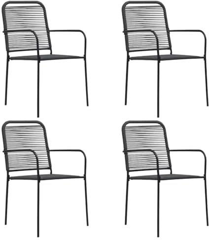 Owoxanthellate 4er Set Schwarze Gartenstühle aus Baumwollseil & Stahl 56x53,5x85,5 cm Moderne Terrassenstühle mit Armlehnen wetterfest und stabil für Balkon, Garten und Campingplatz