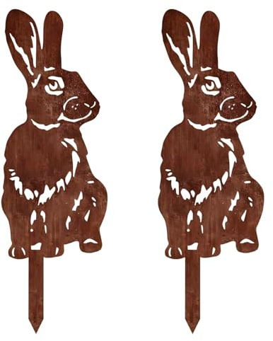 Osterdeko Outdoor Gartenstecker Rost, Osterhase Gartendeko Rost Gartenstecker Metall Wetterfest, Ostern Deko Osterhase Rostdeko Vintage, Rostige Osterdekoration für Außen Garten Blumentopf (2 Stück A)