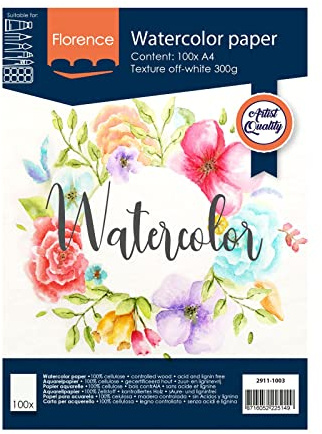 Florence Akvarellpapper Struktur, Vattenfärgspapper för Akvarelltekniker A4, Benvit, Akvarellark för Målning, Scrapbooking och Pappershantverk, 300 Gsm