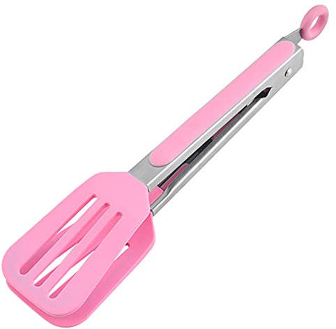 Hoshen Pince de cuisine en silicone de 26,5 cm, poignées en acier inoxydable, clip anti-brûlure pour grill, pain, steak, cadenas rétractable – Rose