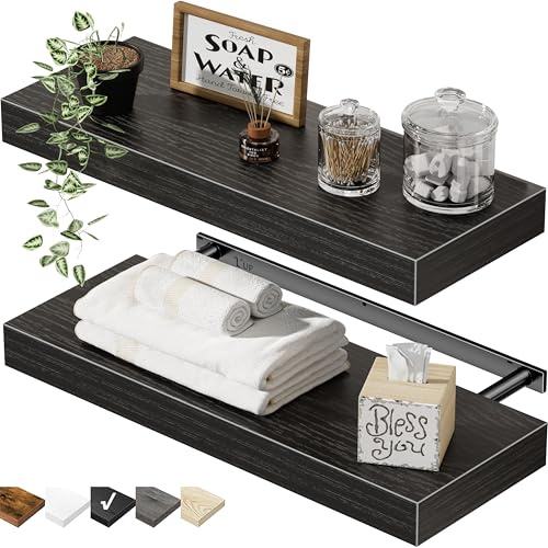 QEEIG Bathroom Floating Shelves for Wall - 15.7 Wall Mounted Shelf Over Toilet Farmhouse Home Decor Display Bookshelf Small 15.7 x 6.7 inch Set of 2, Black (008-40B)