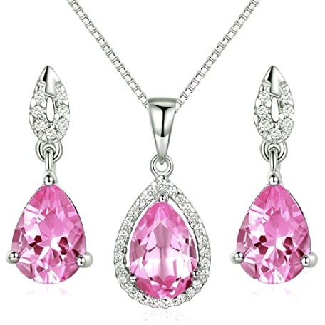Rosa Turmalin Tropfenschliff Schmuckset 925 Sterling Silber Damen Kette Ohrring Halskette Anhänger Ohrstecker 40+5CM Kettenlänge Geschenkverpackung mit Schöne Schmuck Box