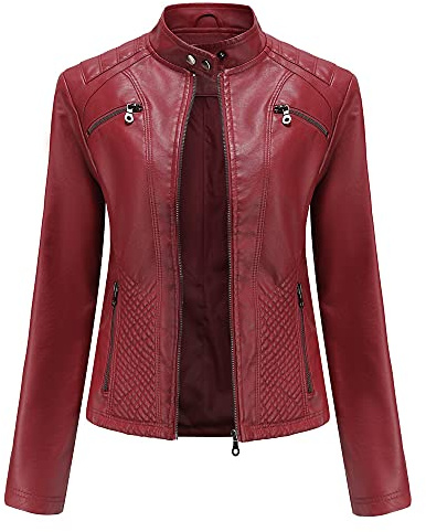 E-girl Women's Burgundy Stylish Faux Leather Jacket Stand Collar Zipper Slim Short Biker Jacket,XL,C03N