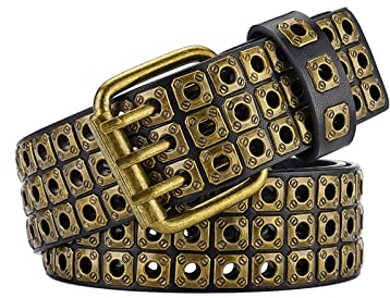 CWCYYDSYY 3 Reihen Nieten Gürtel Punk Hip Hop Personalisierte Kunstleder Gürtel für Jeans Hosen (Gold)