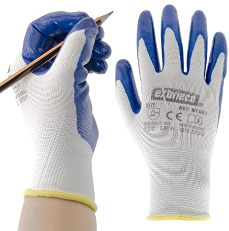EXBRIECO Professionelle Arbeitshandschuhe 3, 6 oder 12 Paare Schutzhandschuhe, Polyester & Nitril, taktile Genauigkeit, atmungsaktiv, elastisch, widerstandsfähig, für Bau, Mechaniker, EPI.