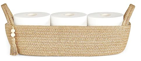 Mkono Kleiner Aufbewahrungskorb für Toilettenspülkasten Boho-Badezimmer-Dekor gewebtes Seil Toilettenpapier-Tablett Organizer für Regal Schlafzimmer Wohnzimmer, Jute, 1 Stück, 39,9 cm L x 15,2 cm B