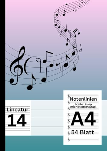 XXL Premium Notenheft: Breite Zeilen mit Notenschlüssel, Lineatur 14, A4 Format, 108 Seiten / 54 Blatt - Musikheft für Schule und Hobbymusiker | Noten Print Türkis-Rosa