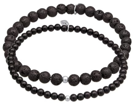 Kuzzoi Buddha Herren Armband Set Onyx und Lava Edelstein Perlen mit Beads 925 Sterling Silber handgefertigtes Schmuckset für den Mann Länge 21 cm