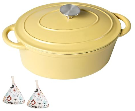 DYHQQ Olla para Horno Holandés Ovalada Esmaltada Olla para Horno Holandés De Hierro Fundido Utensilios De Cocina con Revestimiento De Esmalte Antiadherente De 3 litros con Tapa Y Asas Dobles,Amarillo