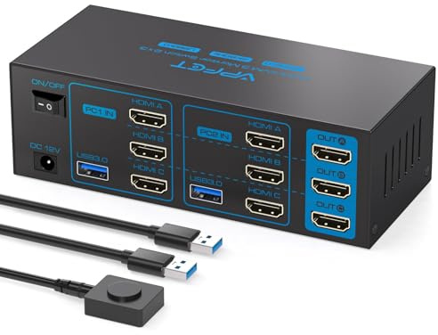 AILVLVNG 4K60Hz HDMI KVM Switch 3 Monitors 2 Computers USB 3.0 KVM Switches 2 Ports for 2 Computers Sharing 3 Monitors and 4 USB Devices Support Extended & Copy Modes
