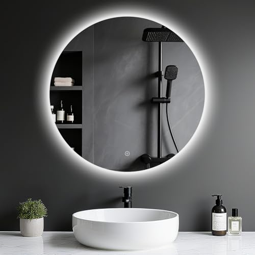 Archaluxe Badspiegel mit Beleuchtung - LED-Badezimmer-Spiegel-Round 60cm,Touch-Schalter,Dimmbar,3 Lichtfarben, Speicherfunktion, Badezimmerspiegel mit HD Sicherheitsgla - Explosionsschutz Wandspiegel