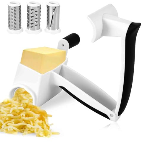 Cheese Grater, Rotating Cheese Grater with 3 Replaceable Stainless Steel Blades, Kitchen Cheese Rotary Graters Cutter Slicer for Parmesan Garlic Ginger Vegetable Chocolate Onion