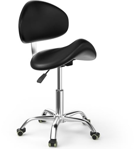 Saddle Stool & Swivel Chair with Back Support, Adjustable Hydraulic Massage Stool on Wheels for Tattoo, Salon, Beauty, Spa – Heavy-Duty Saddle Chair for Kneeling & Floor Work (Fixed Backrest)