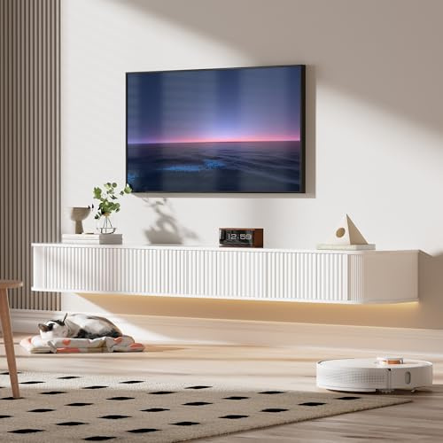 PURFINO Flytande TV-stativenhet med RGB LED-ljus – 180 cm väggmonterat TV-skåp med uppgraderad lagring och rundade kanter, modern TV-mediakonsol för TV-apparater på 65–75 tum