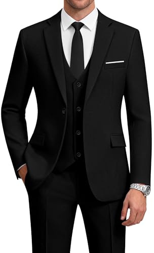 WULFUL Mens Suit 3 Piece Slim Fit Suits for Men One Button Blazer Jacket Pants Tuxedo Suit Set for Prom, Wedding and Business Black
