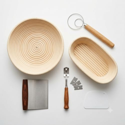 BREADYCO Bread Proofing Basket Set, 6 pcs Sourdough Kit with Round & Oval Proofing Basket, Dough Whisk, Bread Lame, Scrapers, Liners & Bread Baking Tools, 100% Natural Rattan Baking Kit