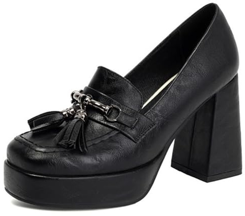 Eestfy Pumps De Plataforma Retro Borla Tacón Grueso Punta Cuadrada Slip On Court Zapatos Mocasines Vintage para Estilo Callejero Y Atuendo Diario,Negro,39 EU