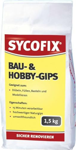 SYCOFIX Bau- & Hobby-Gips zum Einsetzen von Dübeln, Füllen von Löchern, Basteln und Modellieren, ideal zum Fixieren und Verspachteln von Kabeln und Unterdosen bei Elektroinstallationen 1,5kg