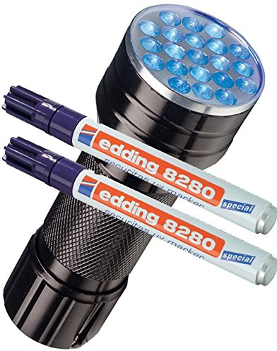 Edding 8280 - Rotulador especial Securitas UV de luz ultravioleta, 1,5 - 3 mm, transparente, UV Marker + UV Lampe, 2 unidades