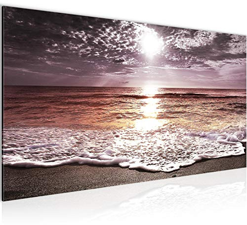 Runa Art Wandbild Sonnenuntergang Strand 1 Teilig 100 x 40 cm Modern Bild auf Vlies Leinwand Natur Schlafzimmer Wohnzimmer Violett Lila 600012c