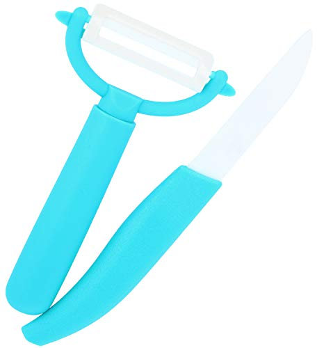 com-four® 2-teiliges Set aus Keramik Schäler und Messer - Schälmesser sehr scharf und 100% rostfrei - für Obst und Gemüse (blau)