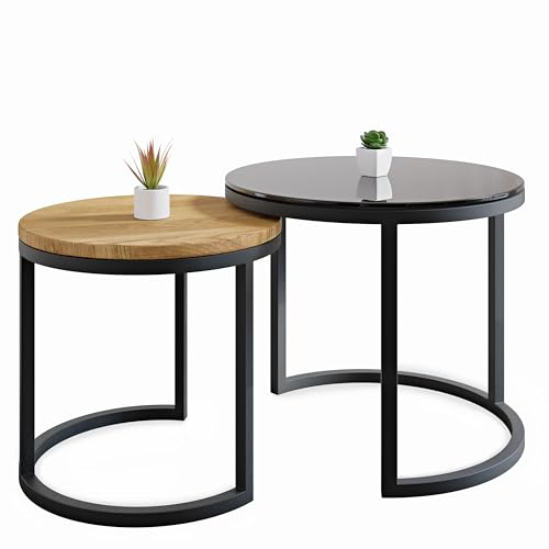 Lumarc Modena, Juego de 2 Mesas de Centro de Madera Maciza de Roble Natural, Vidrio Templado y Acero, Hechas a Mano en Europa, Mesas Auxiliares, Mesas para Sofá, Negro, Redondo, Ø50x43 cm / Ø40x38 cm