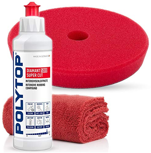 detailmate POLYTOP Premium Politur Set zur Autoaufbereitung, Exzenter Set: auch für Einsteiger DIAMANT 5000 SUPER CUT 250ML + CUTTING PAD HART EXCENTER 140MM FÜR 125 MM STÜTZTELLER + POLIERTUCH
