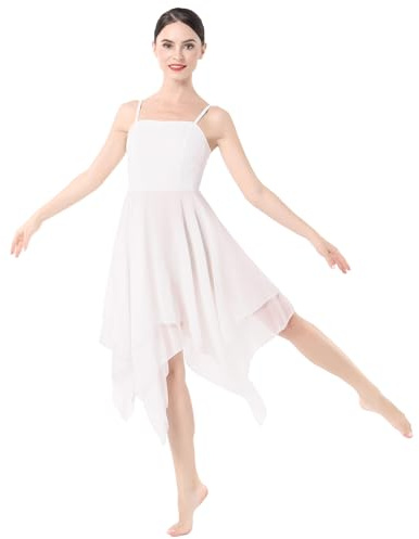 ODASDO Women Lyrical Dance Dress Ballet Modern Contemporary Dance Costume Spaghetti Straps Handerkerchief Hem Chiffon Flowy Skirt Ballroom Cha Cha Clothes White XS