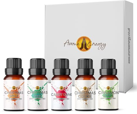 Christmas Time Fragrance Oil Set 5 x 10ml | Gift Box for Home Diffuser Refill, Wax Melts, Candle Making, Soaps, Perfume | Xmas Cookie, Christmas Tree, Cinnamon Apple, Christmas Spice, Candy Cane