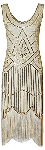 HAHAEMMA - Abito vintage anni ’20 da donna, abito da flapper stile Charleston o Grande Gatsby, con paillettes e nappe, orlo, abito da sera e fa cocktail, adatto per feste a tema, beige., S