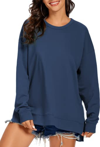 APEIYU Långärmad damtoppar med rund hals sida delad lös vardaglig stickad pullover sweatshirts blus, 13-djup blå, XL