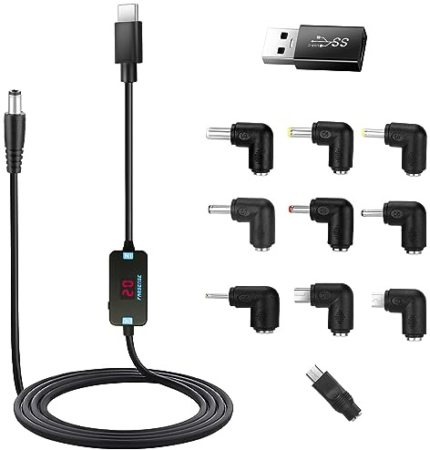 FARSENSE USB C to DC Adapter, PD Trigger Cable (1.5m) with 10 Connecor, USB to DC power cable can switch voltage by keypress and support display voltage
