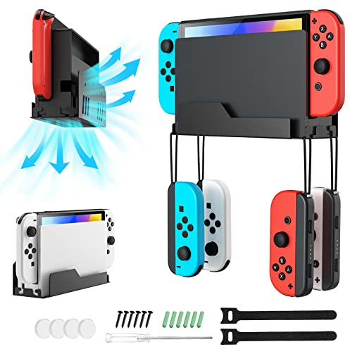 MoKo Wandhalterung für Nintendo Switch/Switch OLED, Metall Halterung | mit 4 Joy-Con Haken, Schnelle Wärmeableitung Löcher, Aufbewahrung des Switch in der Nähe oder hinter dem Fernseher