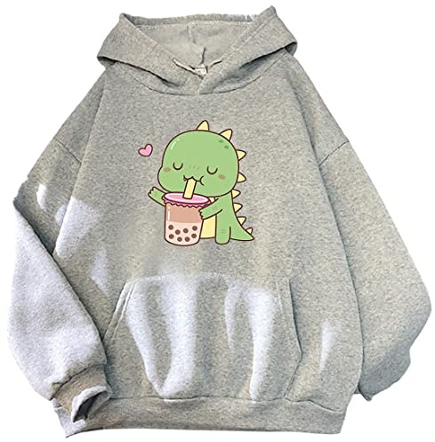 YINGKE Donna Adolescente Kawaii Morbida Felpa con Cappuccio Carino Dinosauro Anime Stampa Maniche Lunghe Autunno Inverno Felpa Ragazze Felpa(XL,GrigioMilktea)