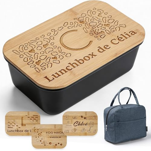 KDO MAGIC - Lunchbox personalisiert - Vorname eingraviert - Anpassbare Abdeckung - Essensbox - Schwarze oder weiße Farbe - Geschenkidee zum Muttertag, Geburtstag (Motiv: Großbuchstabe, schwarz)