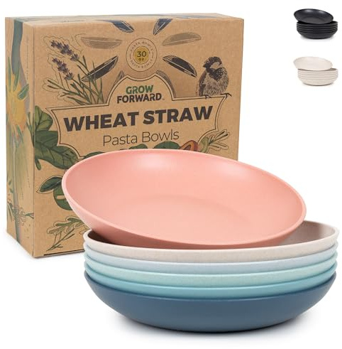 Grow Forward Premium Wheat Straw Pasta Bowls - 30oz Unbreakable Wide & Shallow Dinner Plate Bowls Set of 6 - Microwave Safe Reusable Plastic Pasta Bowls for Kids, Adults, Salad, Camping, RV - Tropical