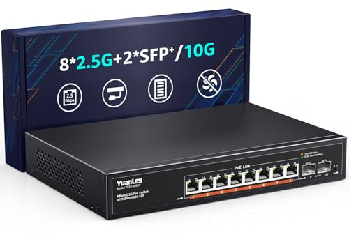 YuanLey 10 Port 2.5G PoE Switch Unmanaged, 8 x 2.5G Base-T PoE Ports, 2x10G SFP, IEEE802.3af/at, 120W, Kompatibel mit 100/1000/2500Mbps, Metall Lüfterlos, Desktop/Rack Mount 2.5Gbe Netzwerk Switch