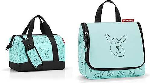 reisenthel Allrounder M Kids Kleine Reisetasche für Kinder Mit Stecklasche für Reisetrolleys, Farbe:blau & toiletbag S Kids Cats and Dogs Mint Maße: 18,5 x 16 x 7 cm/Volumen: 1,5 l