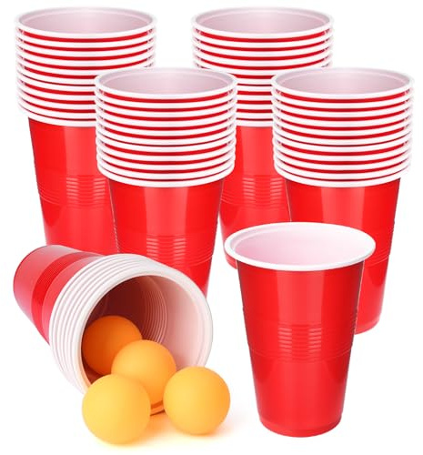 SUNYIWJIE Cup Pong Game Set 22 Pcs 16 Oz Plastic Party Cups with 4 Pcs Ping Pong Balls for Christmas New Year Gift (Red)