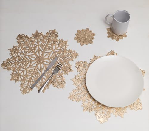 Marco Paul Silver Snowflake Placemats And Coaster Sets 6 pc - Hard Wearing PVC Vinyl Gold Christmas Place Mats For Table - Easy Clean Christmas Place Mats Set Of 6 For Home Restaurant Dining Table Mat