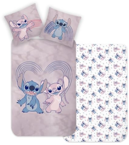 MTOnlinehandel Stitch sängkläder, påslakan 135 x 200 80 x 80 bomull - barnsängkläder, tonårssängkläder, alla hjärtans dag, Love Stitch & Lilo - 2 delar (flanell)