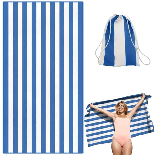 Victoper Microfiber Beach Towel Oversized Rapid Drying Sand Free Soft Compact Lightweight Qualities Beach Towels for Adults Ideal for Swimming Beach Yoga Camping Gym Carry Bag Blue Stripes 63x32 Inch