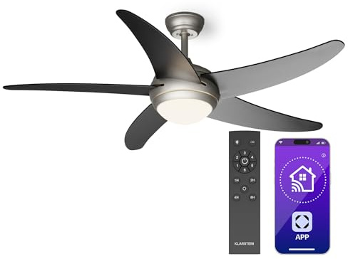 KLARSTEIN Bolero Ventilatore da Soffitto con Luce e Telecomando - 132cm, 6 Velocità, Modalità Estiva/Invernale, Silenzioso, Smart App, Design Elegante, Montaggio Flessibile, Nero