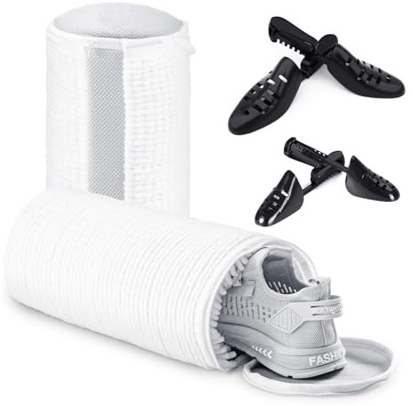 Teletrogy 2Pcs Schuhe Waschbeutel, Schuhwaschbeutel Waschmaschine mit Verstellbare Schuhspanner, Wäschesack Schuhe mit Verstecktem Reißverschluss, Wiederverwendbarer Wäschenetz für Sneaker, Weiß