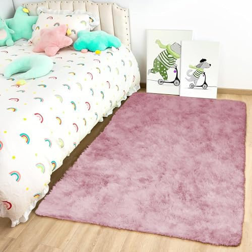 Oxford Homeware Rugs Living Room Small 50x80 CM – Tie-Dye Pink Lilac Area Rugs for Bedroom Anti Slip – Modern Super Soft Plush Carpets Fluffy Shaggy Rug for Lounge – Non Shedding Kids Bedside Rug